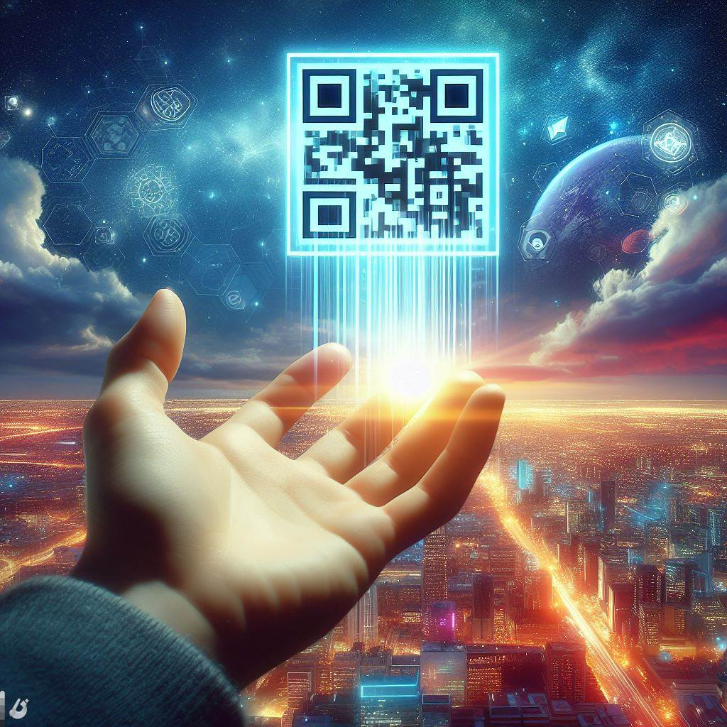 Hand reaching out to a floating eSIM QR code
