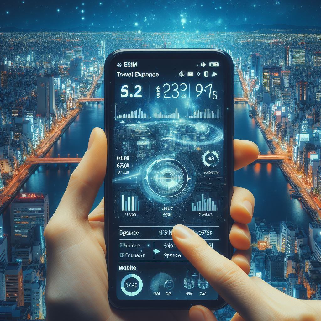Mobile device displaying eSIM data usage and travel expense tracking in Osaka, Japan