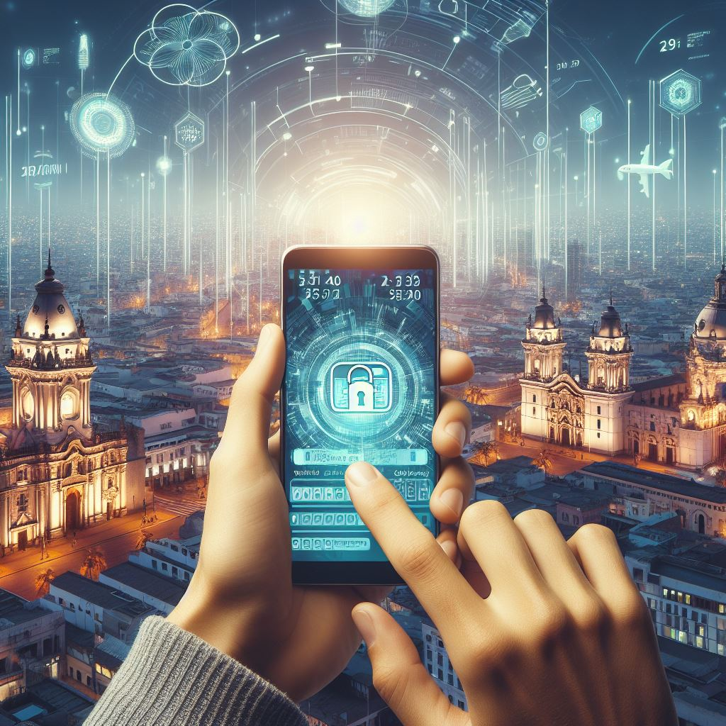 Hands holding a smartphone displaying a SIM card and data usage statistics with Lima's historic architecture in the backdrop