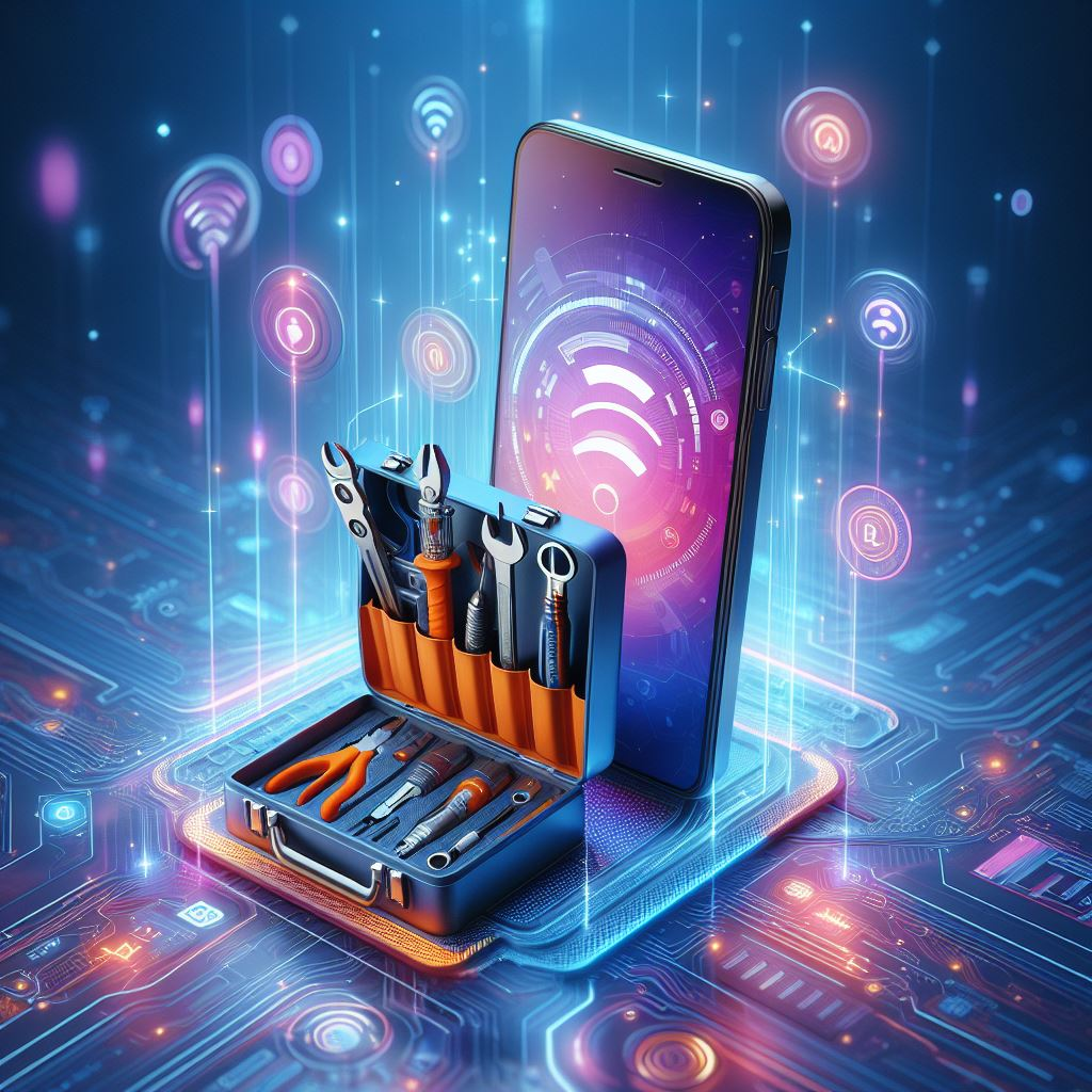 Smartphone with a toolbox and cellular data symbols