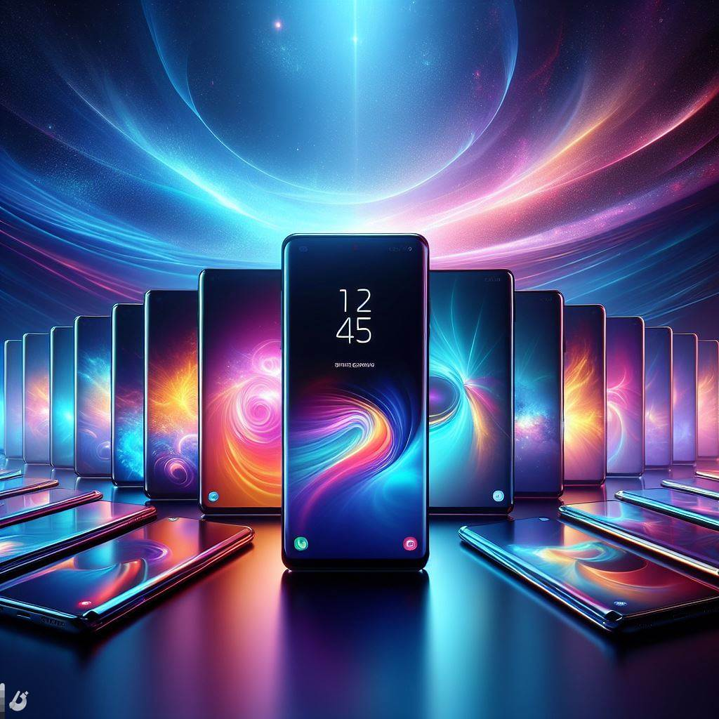 Array of Samsung Galaxy flagship phones arranged in a sleek display