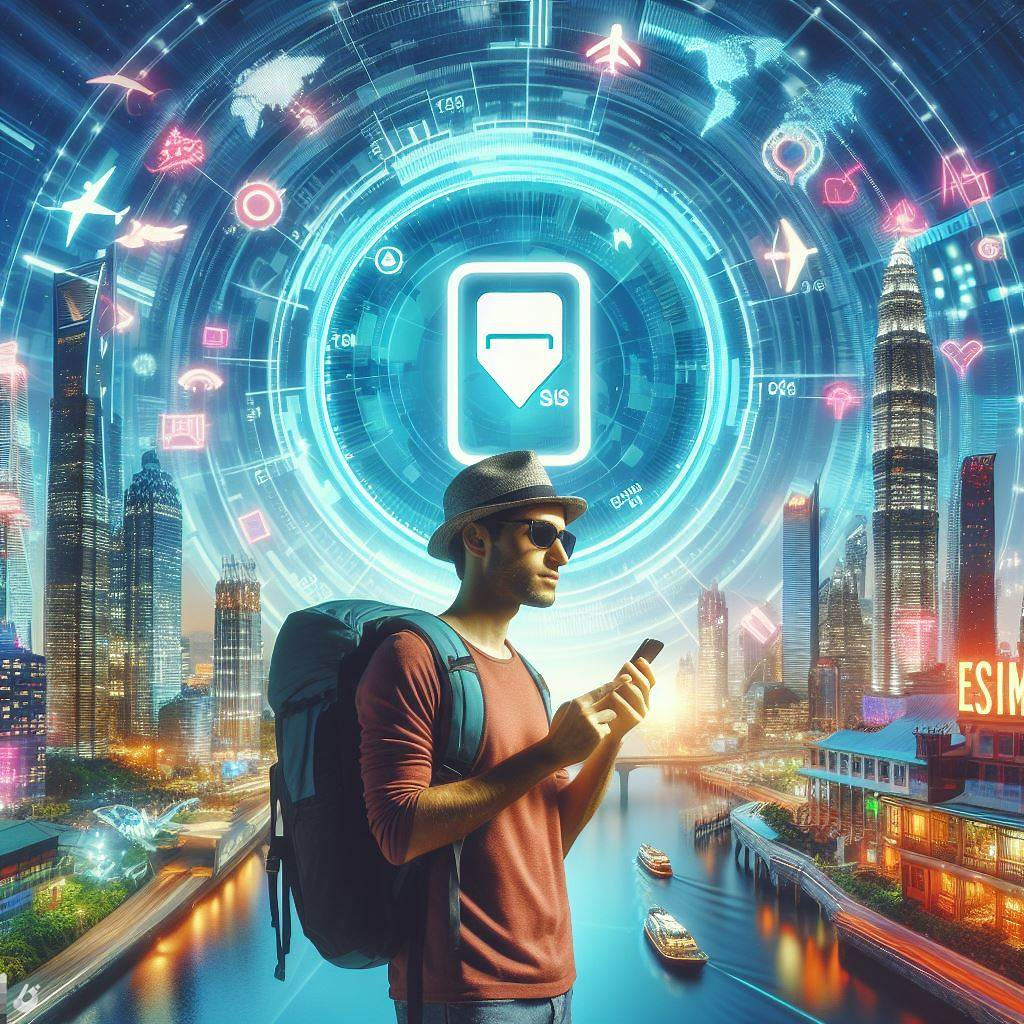 A traveler holding a smartphone with an eSIM logo, enjoying seamless data roaming with icons of various countries in the background