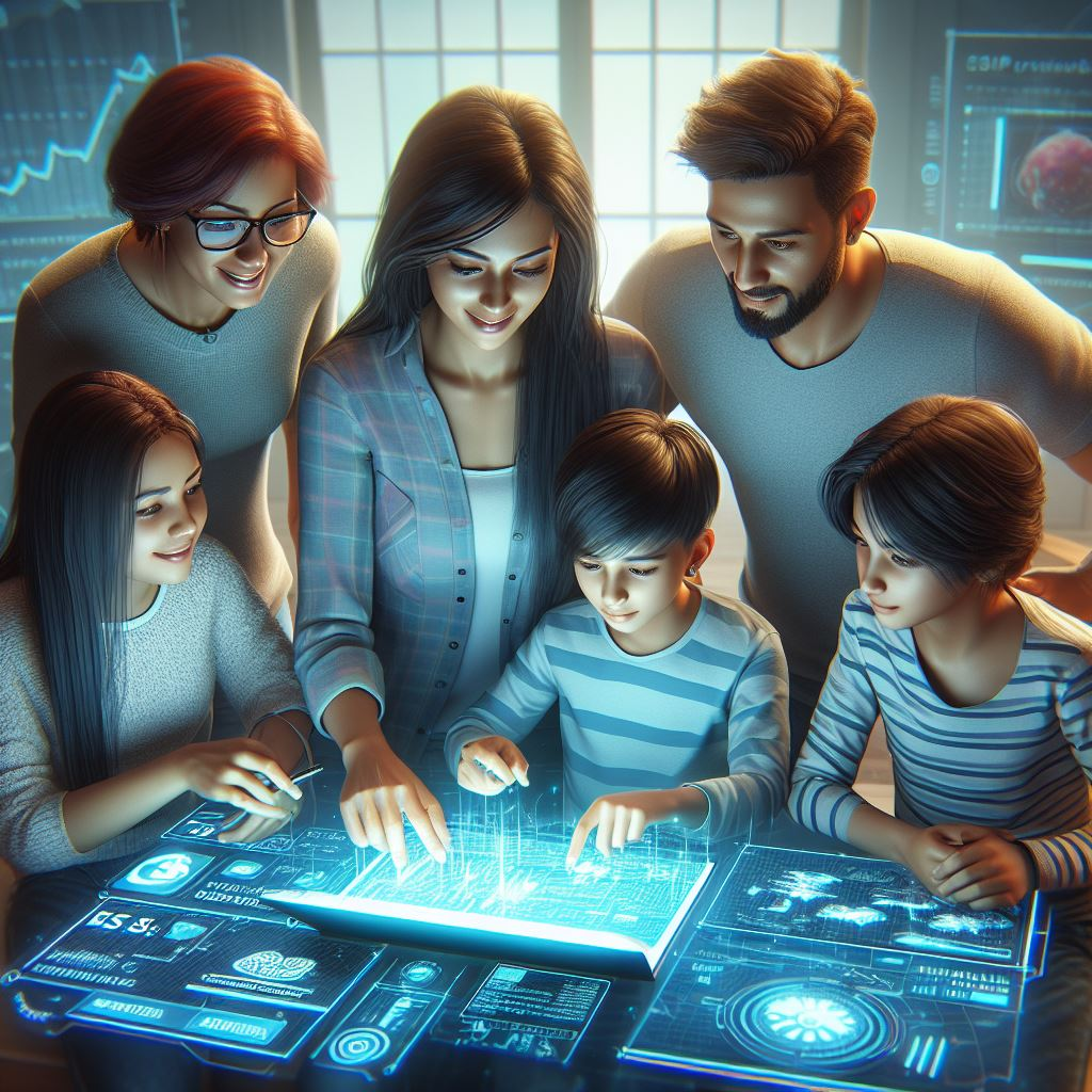 A family gathered around a digital device, exploring different eSIM provider websites on a laptop screen