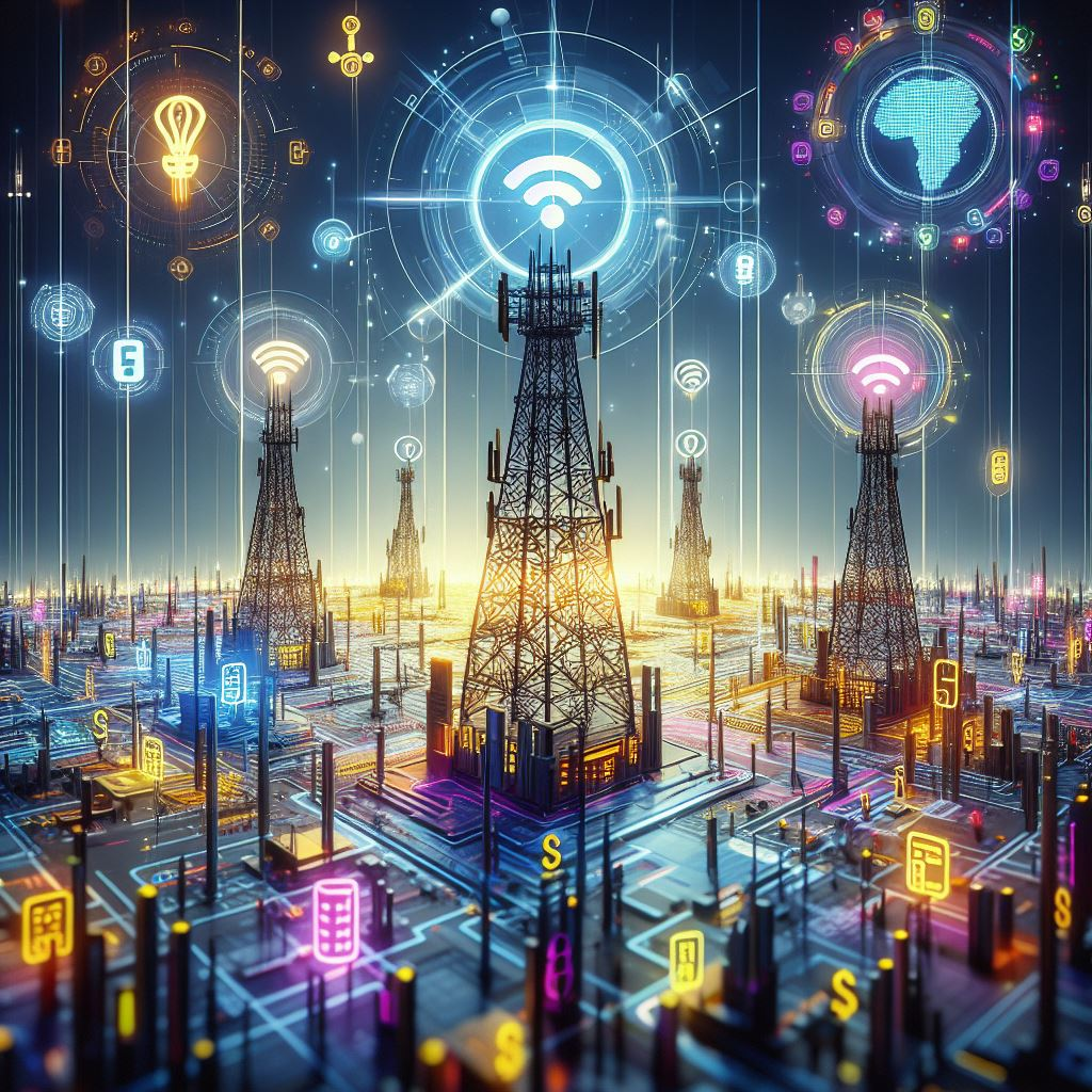 Network towers adorned with eSIM symbols from various carriers