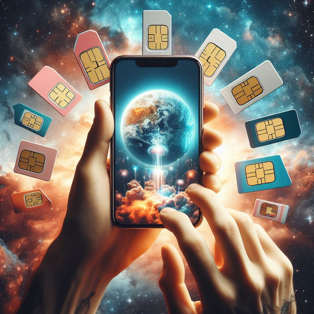 Hands holding an iPhone with different SIM cards