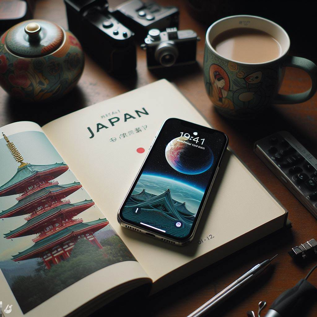 An iPhone with an eSIM card beside a Japan travel guidebook