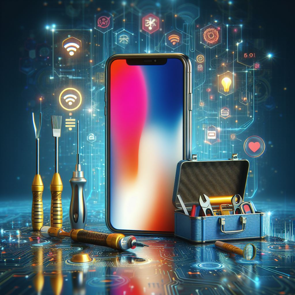 iPhone with network bars and a wrench