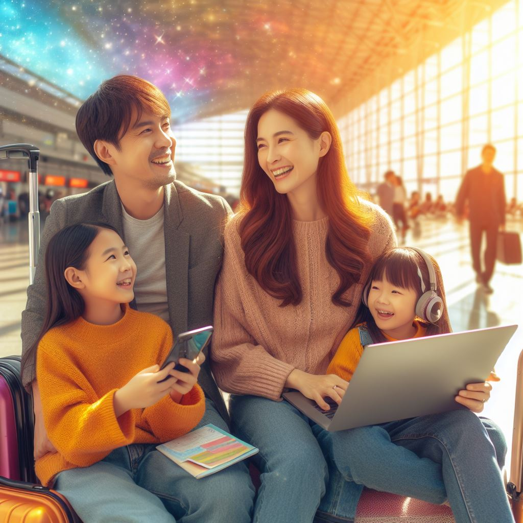 A family on vacation, all with smartphones displaying the eSIM logo