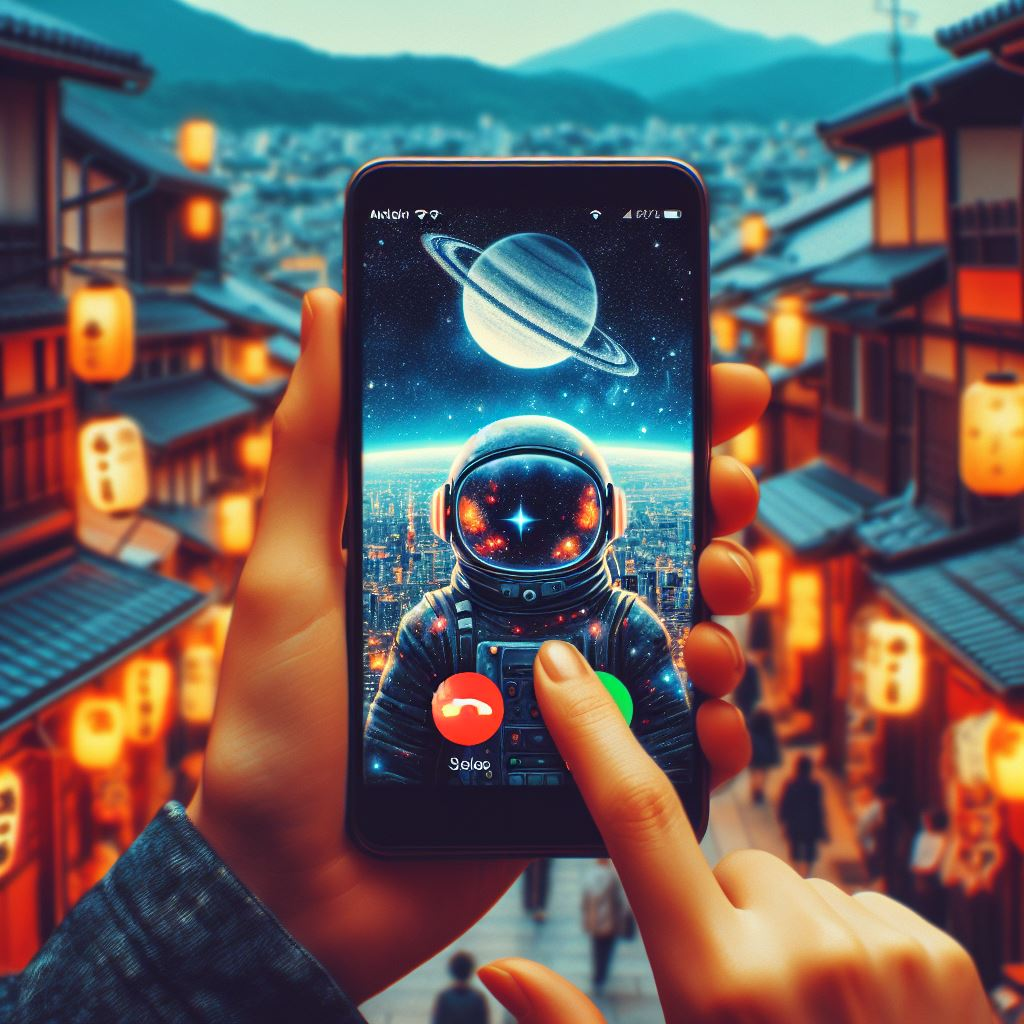 Hands holding eSIM-activated phone with an incoming call from a Kyoto friend