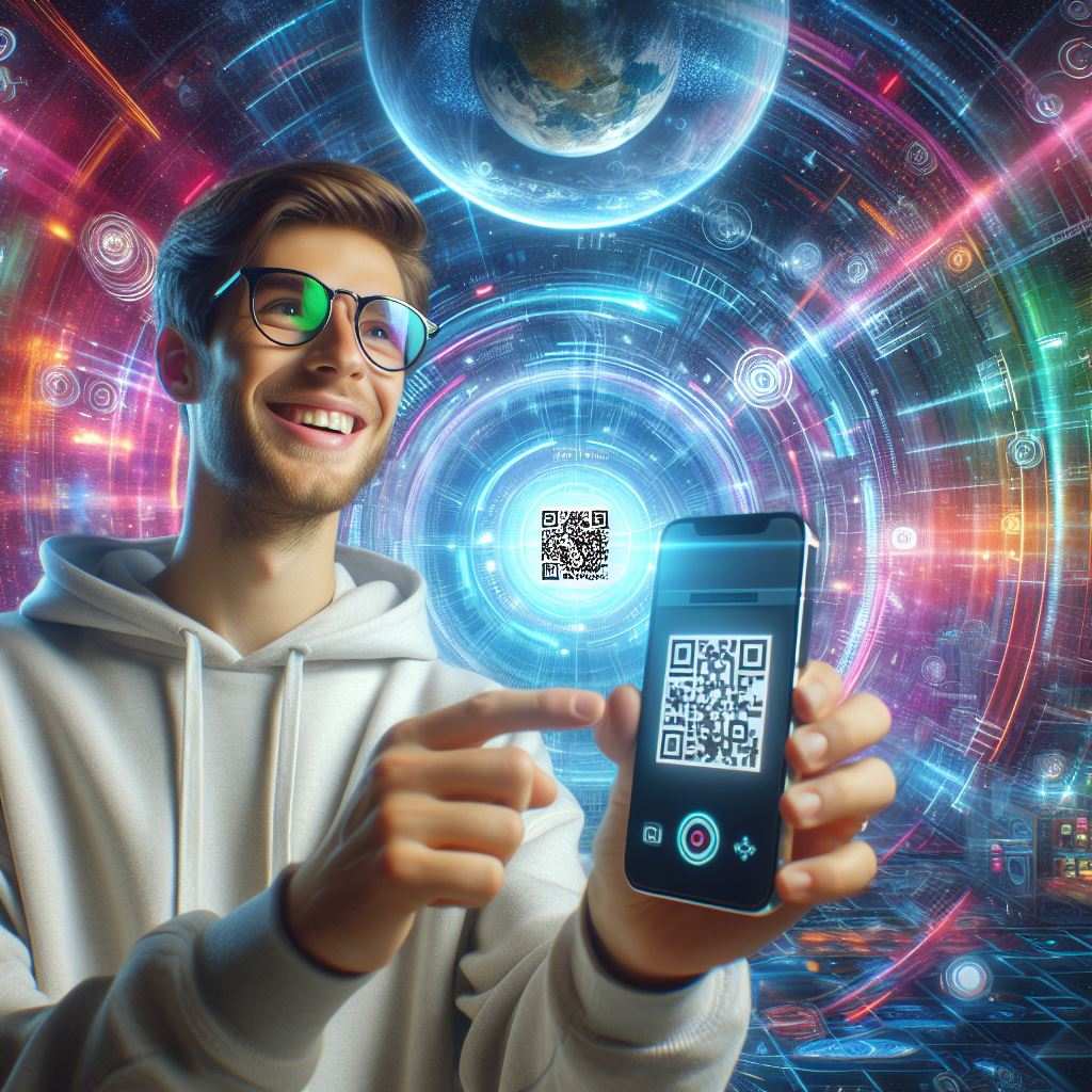 A person holding an iPhone 14 and scanning a QR code on the screen to initiate eSIM activation