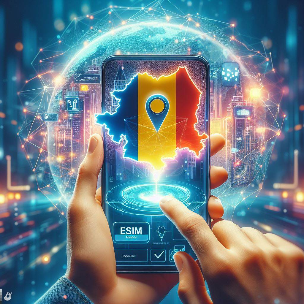 A smartphone with an eSIM card displaying the Romanian flag and connectivity icons