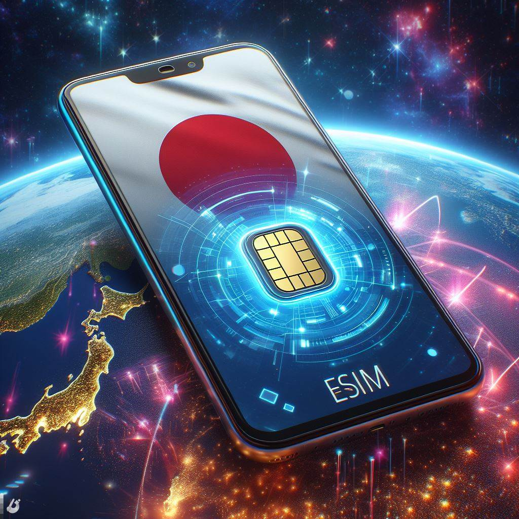 Smartphone displaying eSIM activation screen with Japan's flag in the background