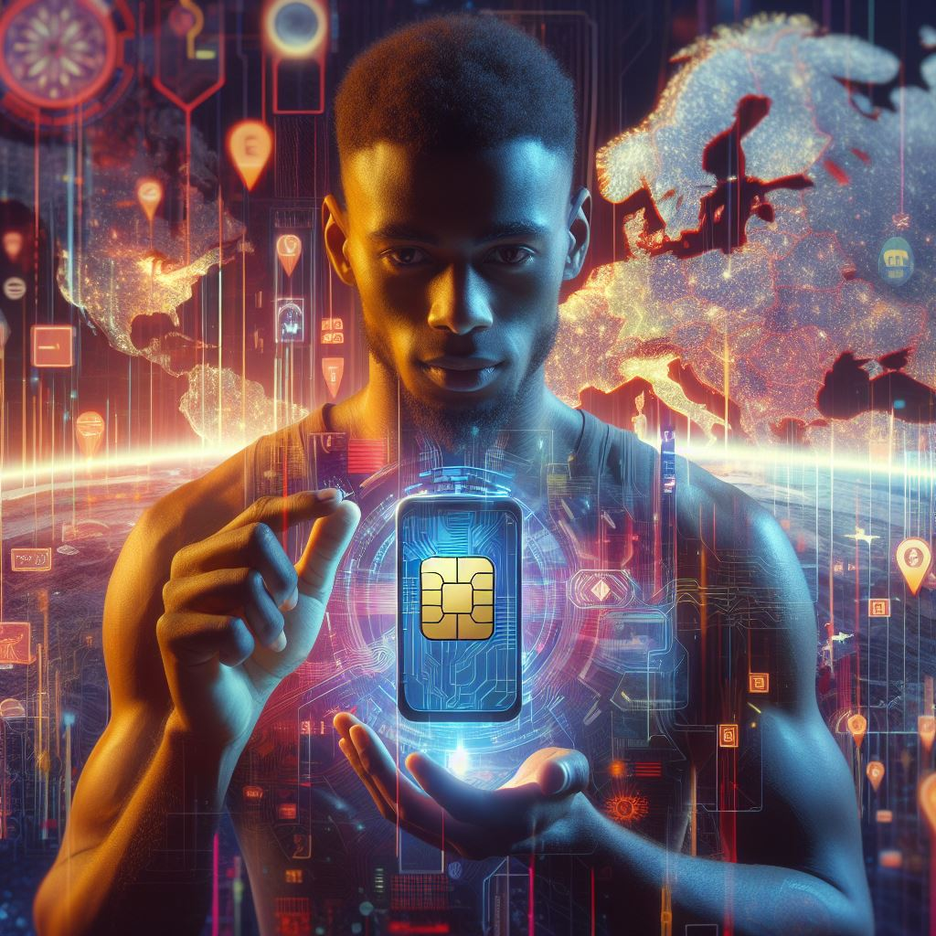 Una persona que sostiene un teléfono inteligente con una eSIM, rodeada por un mapa de los países de la Unión Europea.