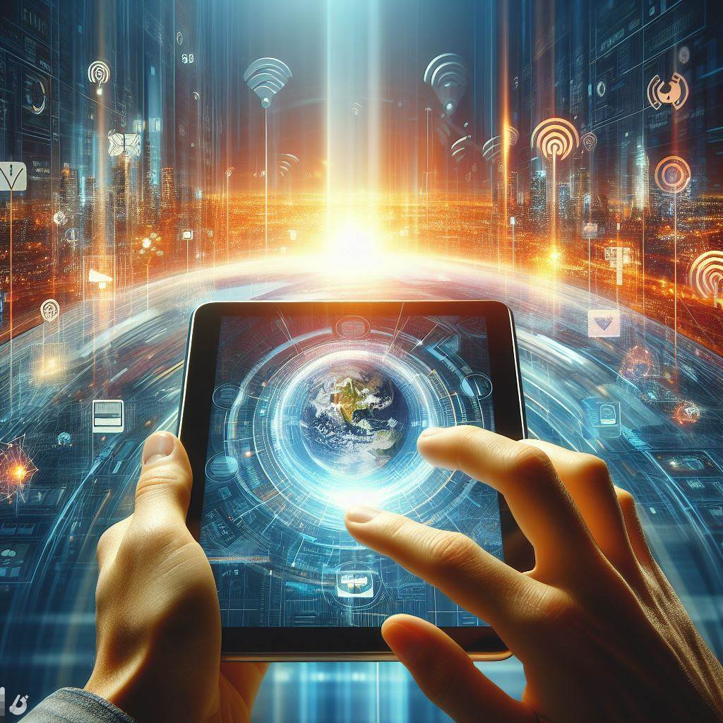 Hands holding a tablet with eSIM-enabled apps against a futuristic backdrop