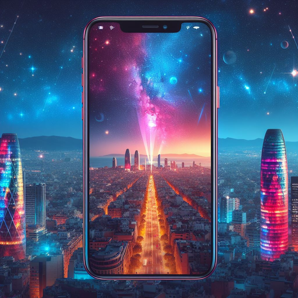 A smartphone with Barcelona cityscape wallpaper