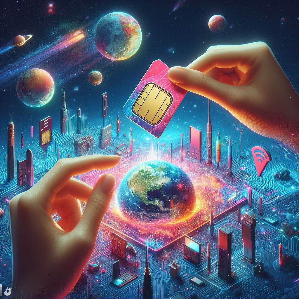 Hands holding an eSIM and a traditional SIM card