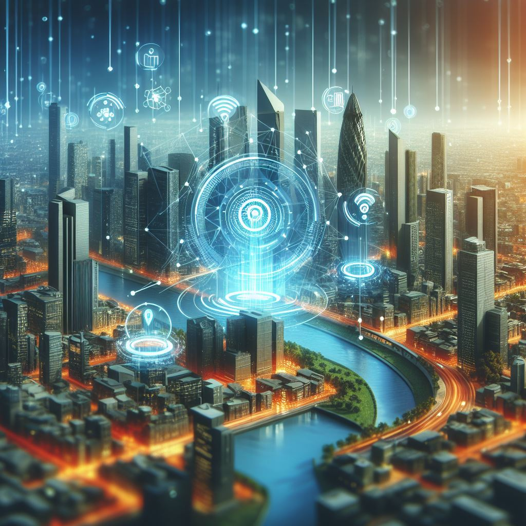 A futuristic cityscape with eSIM symbols integrated into smart devices